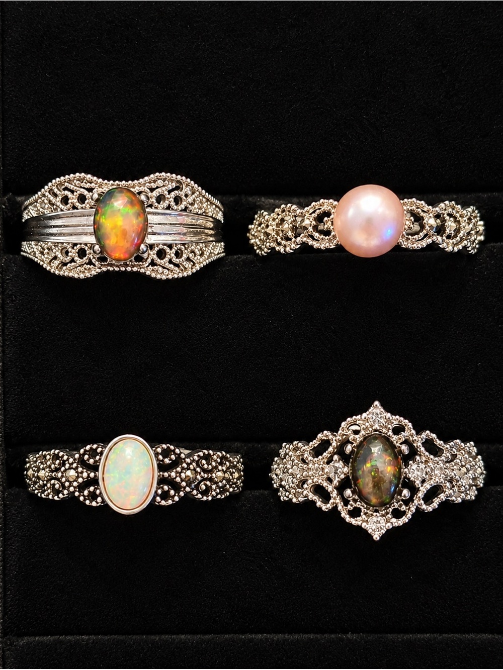 Pick 1 | Silver Filigree Opal and Pink Pearl Rings | 6mm natural gems